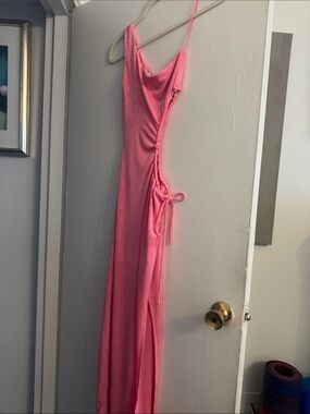 One-Shoulder Pink Slip Dress with Side Tie Detail